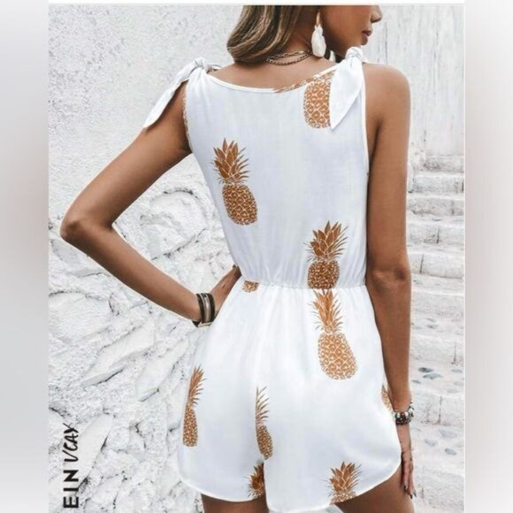 White Pineapple-Print Shein Sleeveless Summer Romper With V-Neck & Adjustable Ti - Picture 2 of 7